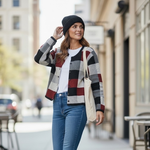 SOLD. Vintage Christopher & Banks Plaid Colorblock Button-Up Woman Cardigan - Picture 3 of 11